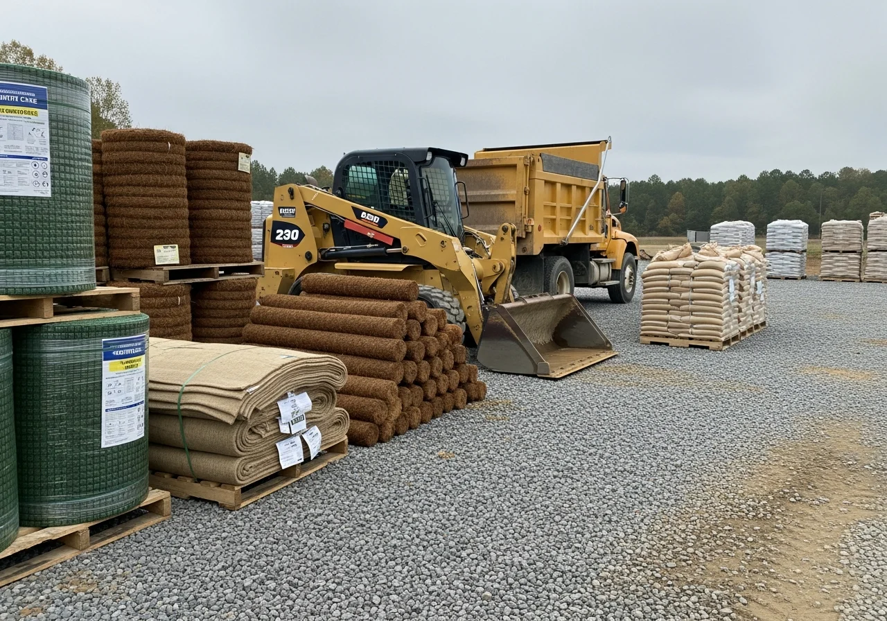 Erosion control crew with equipment and materials ready for land stabilization work on a construction site.