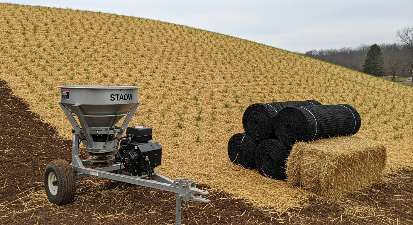 Golden seed straw applied to hillside slope for erosion control and grass establishment