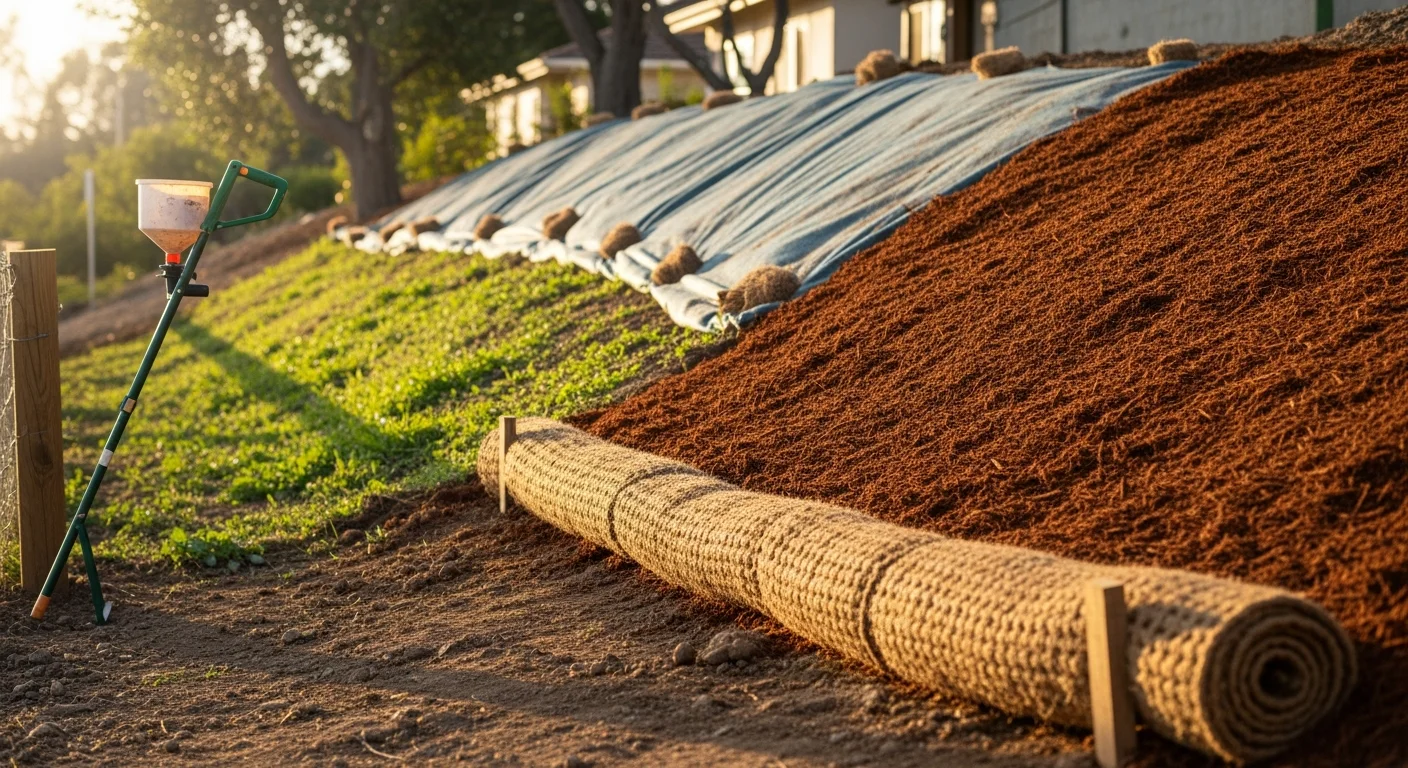 Worker applying seed straw and erosion control materials to exposed hillside