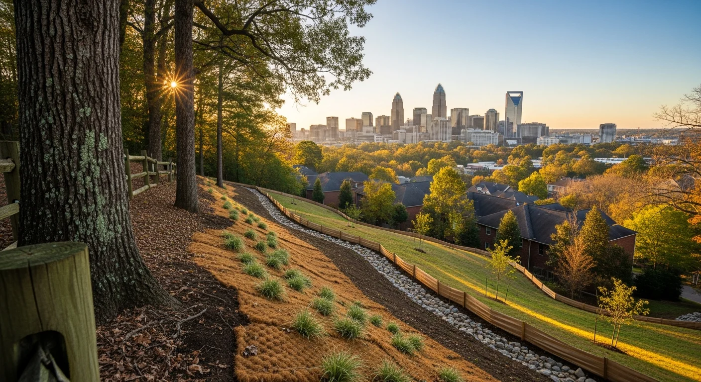Charlotte skyline with Uptown towers and residential neighborhoods in the foreground under clear sky.