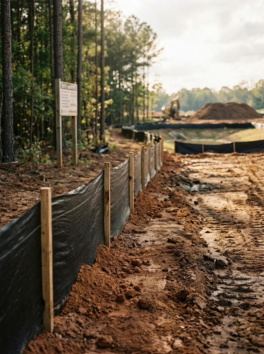 Erosion control silt fence installation on active Durham construction site