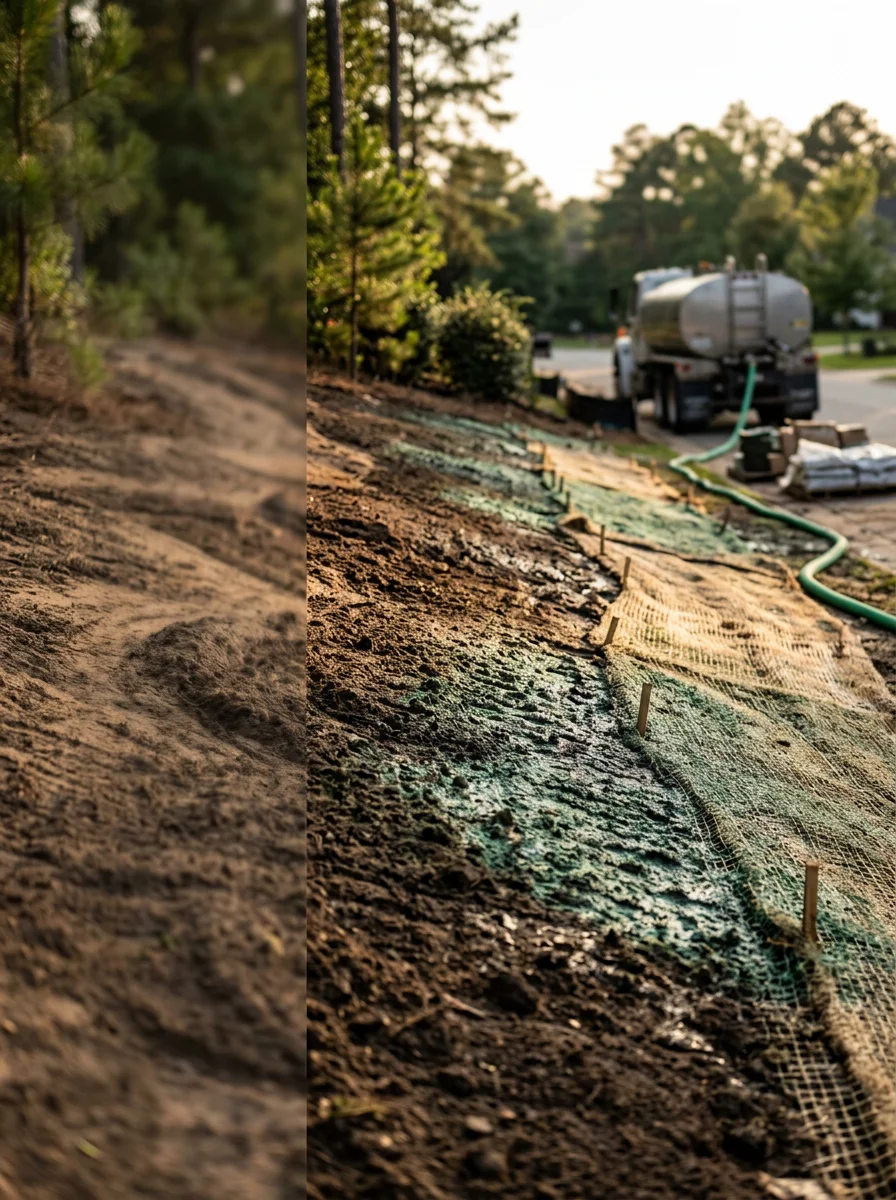 Hydroseeding and soil preparation work on a residential development in the Fayetteville area