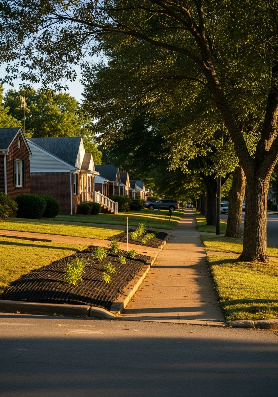 Greensboro residential street with established neighborhood homes and mature trees.