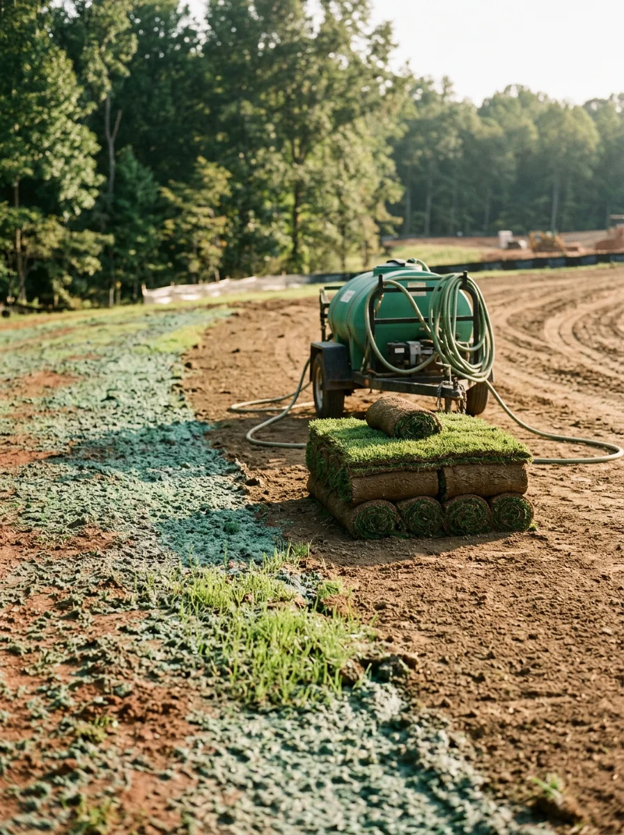 TerraSet crew installing hydroseeding and sod on Hickory construction project