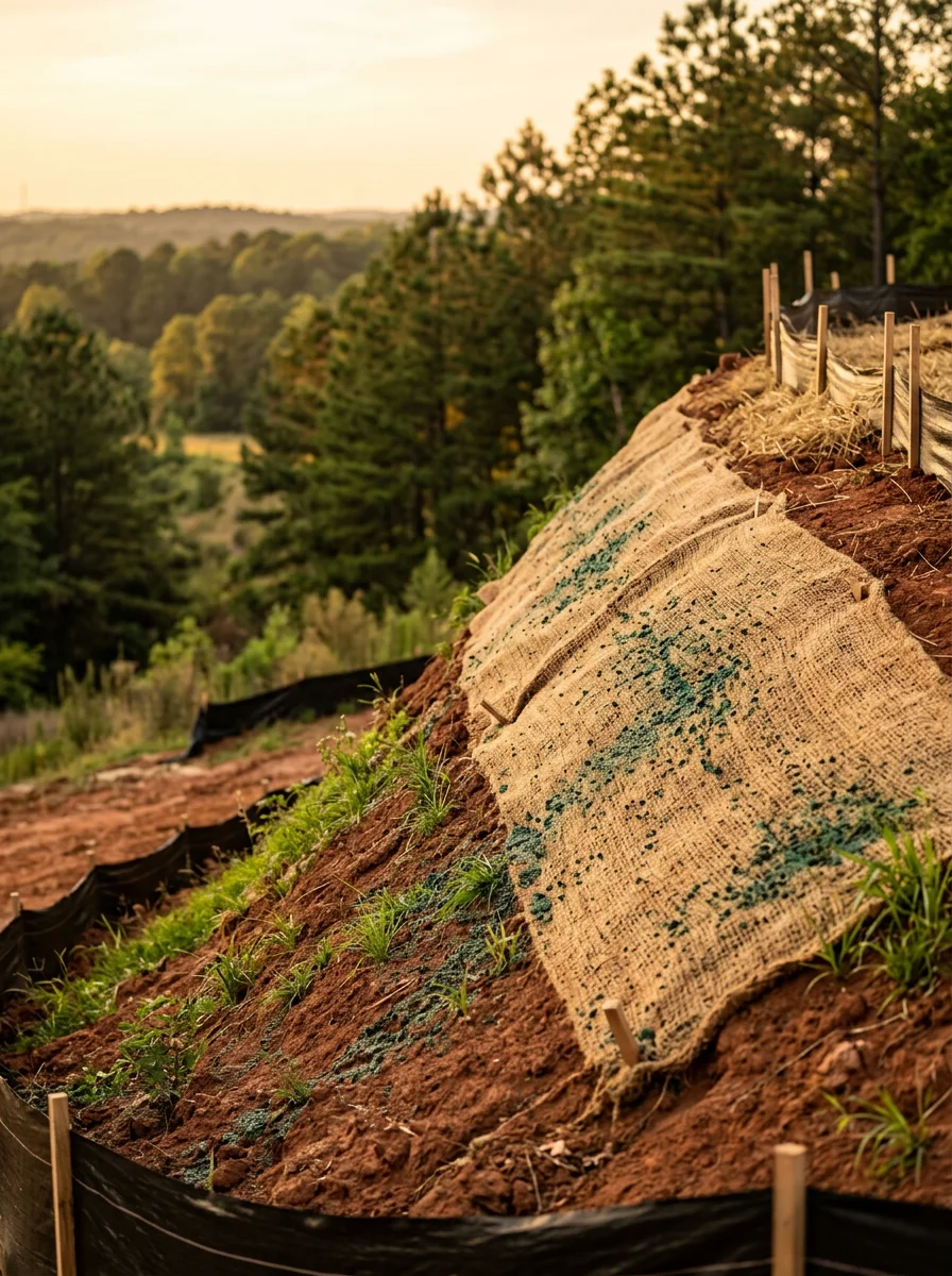 Professional hydroseeding and soil preparation work in Raleigh area development project