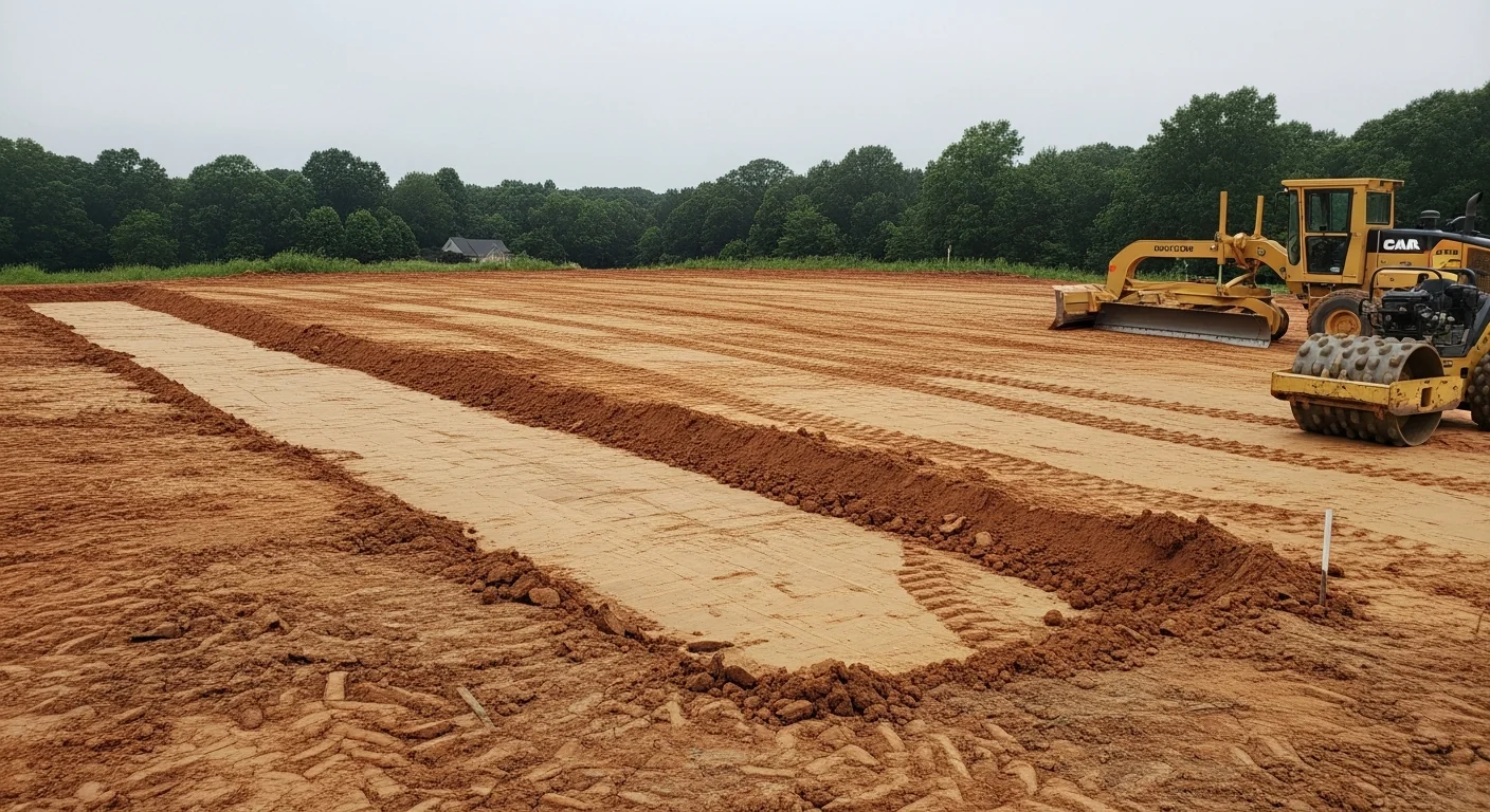 A graded residential lot in Charlotte, NC with smoothly contoured soil sloping away from the home's foundation toward a defined drainage path. Red Piedmont clay is visible across the regraded surface, with the surrounding yard cleared and ready for landscaping.